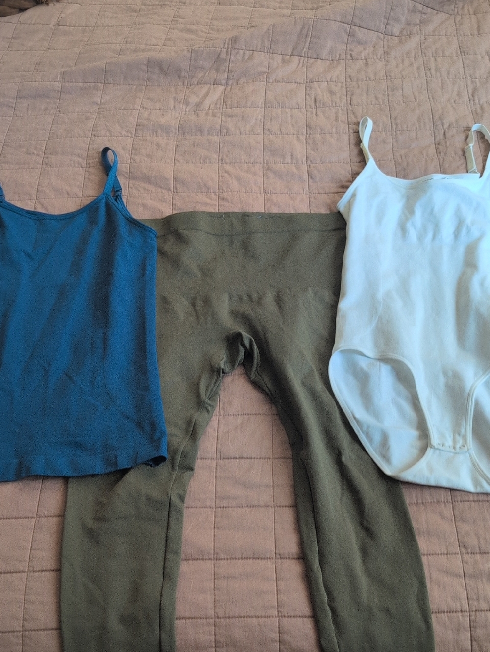 Shapermint Kids Olive Green Ribbed Leggings with Teal and White Tops